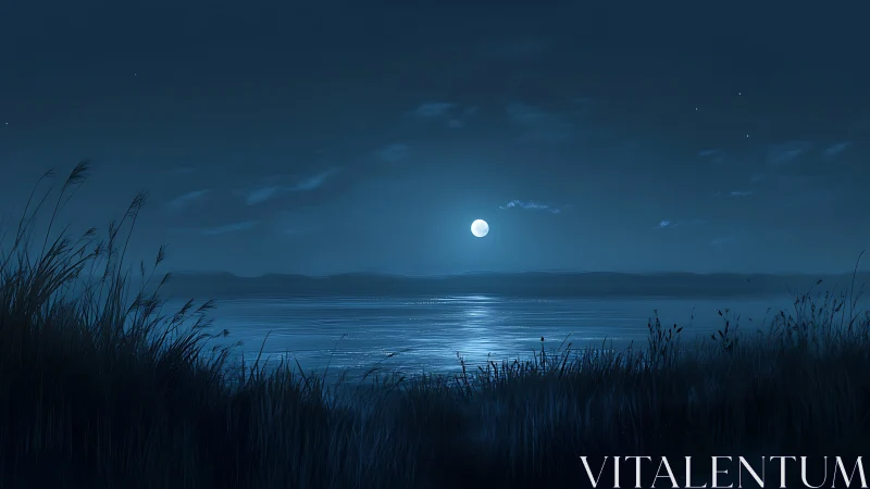 Nocturnal shoreline rendered with cool monochromatic moonlit gradients
