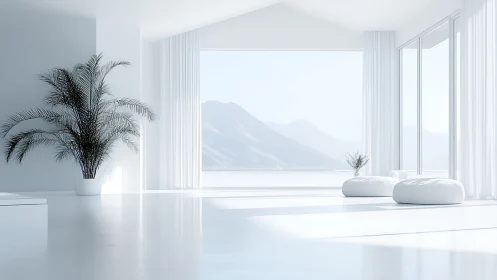 Minimalist white living room opens to serene mountain view.