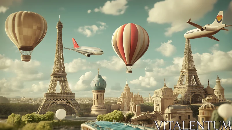 Surreal Parisian skyline with dirigibles and jetliner forms.