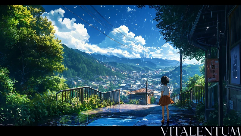 Anime hillside overlook captures rainy townscape in vivid detail