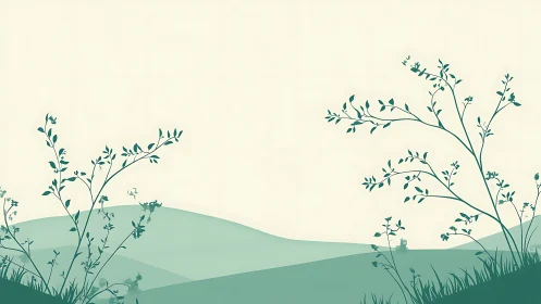 Minimalist vector meadow with stylized teal botanical silhouettes