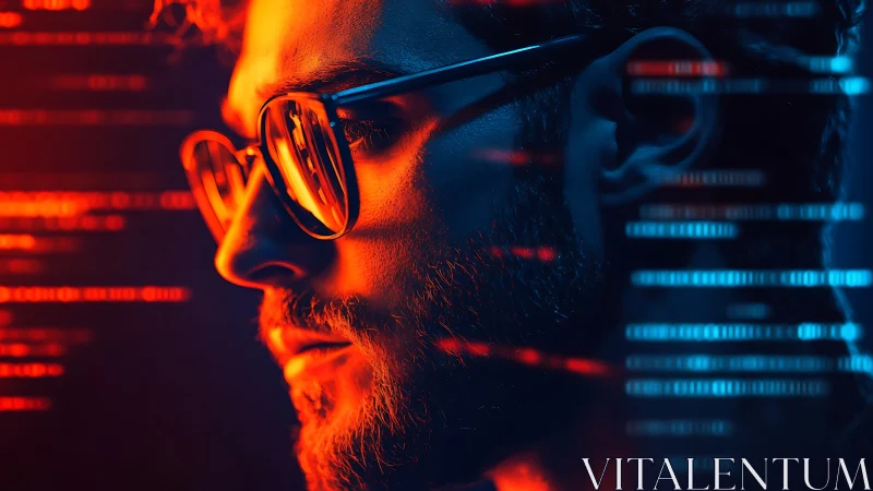Side-lit coder portrait with neon bicolor key lighting and code overlays