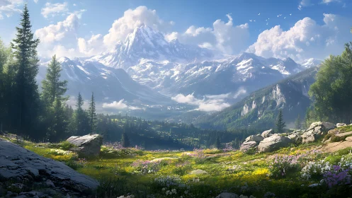 Sunlit alpine meadow opens toward towering snow peak