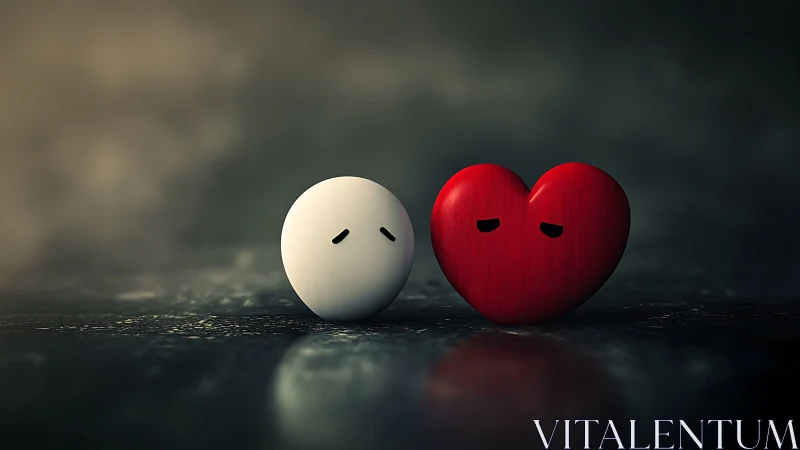 White sphere and red heart shapes express contrasting emotions
