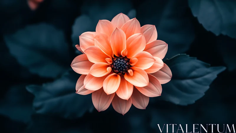 Coral dahlia flower centered against dark blurred foliage.