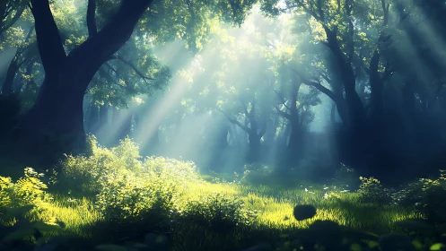 Enchanted Forest Clearing with Divine Sunlight Rays.