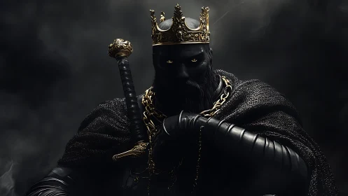 Dark armored king holds sword amid swirling black smoke