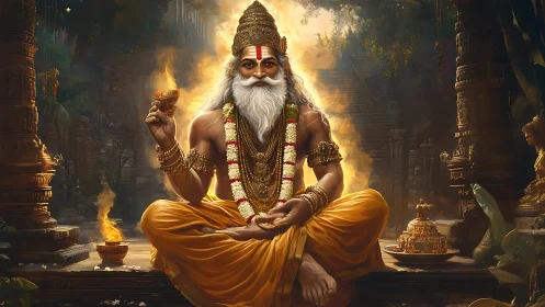 Ancient fire sage in golden robes blessing a jungle shrine.