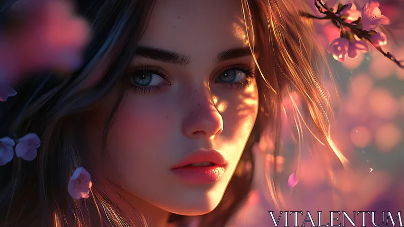 Soft daylight portrait among glowing spring blossoms.