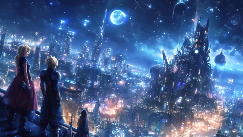 Starlit rebels gaze across a neon-drowned future citadel.