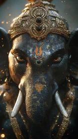 Hyperreal elephantine deity bust with molten-gold filigree crown.