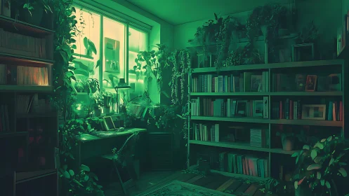 Indoor study with bookshelves and extensive green plants.