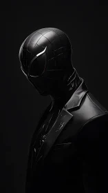 Black-suited masked vigilante stands poised in shadowed profile.