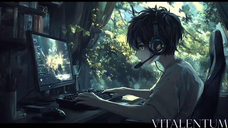 Focused gamer immersed in a sunlit bedroom battlestation.