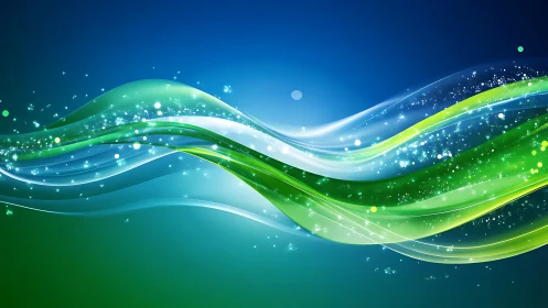 Luminous green and blue energy waves curve across dark gradient