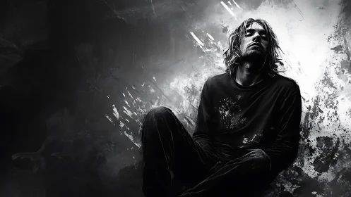 Brooding figure slumps amid abstract monochrome splatter