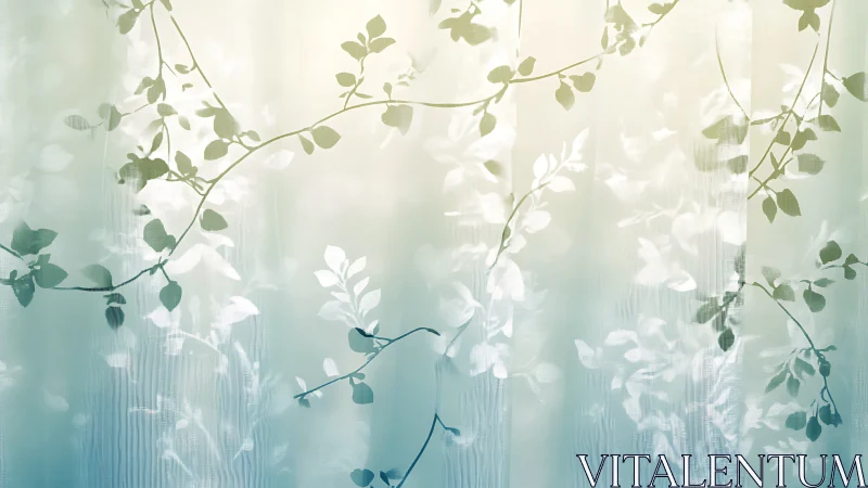 Soft vine silhouettes against pale blue curtain backdrop.