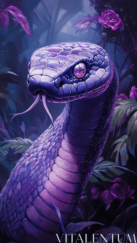 Mystical purple serpent rising gently in a moonlit jungle.