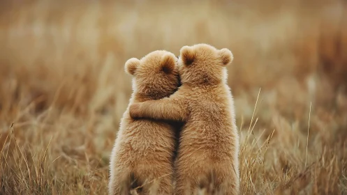 Two bear cubs hugging in a golden grassy field outdoors.