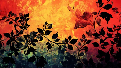 Floral silhouette vines over fiery grunge gradient field.