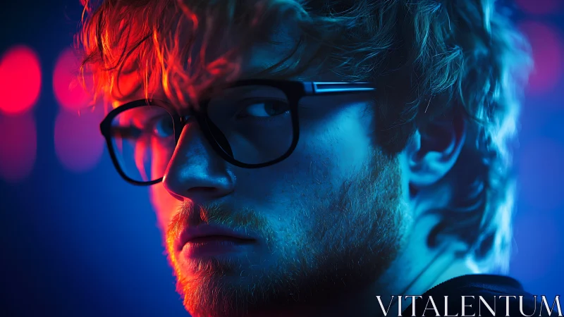 Cinematic neon portrait of bearded man in glasses, profile