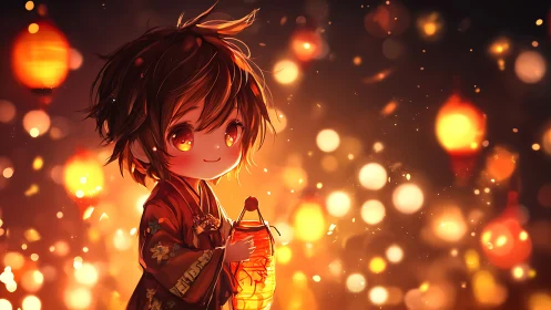 Child figure with lantern amid warm festival lights.