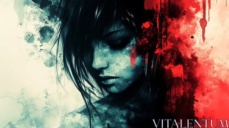 Moody digital portrait of woman in blue and red splashes.