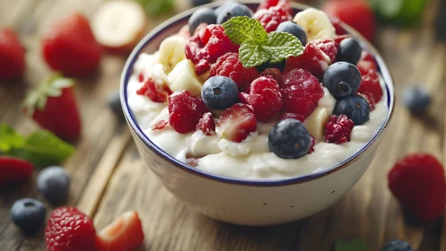 Mixed berries and banana slices cover yogurt in white bowl