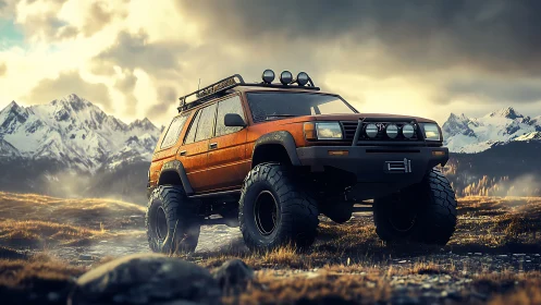Lifted orange off road SUV in rugged snowy mountain valley.