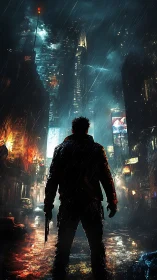 Cyberpunk vigilante in neon-soaked rain alley, backlit silhouette.