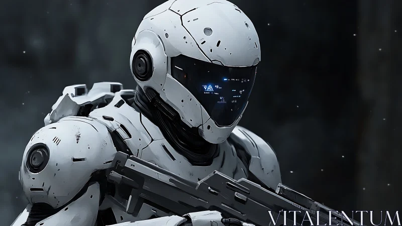 White armored combat robot with rifle in dark setting.