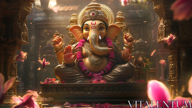 Ganesh idol in ornate temple with petals and garlands.