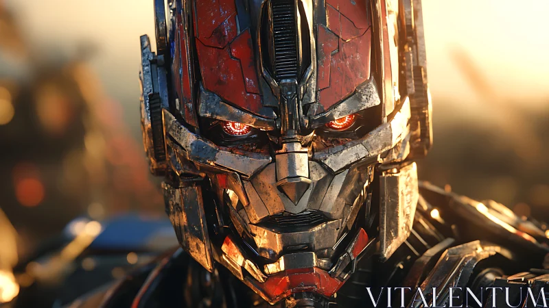 3D cybernetic mech portrait with battleworn metallic chassis.