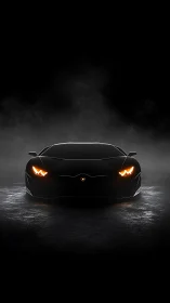 Black sports car front view in dark studio setting.