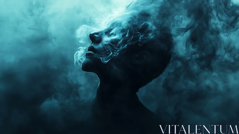 Vaporborne dreamer dissolving into teal twilight smoke.