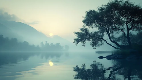 Digital painting of misty lakeside sunrise with tree silhouettes.