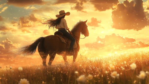 Cowgirl drifts through a golden prairie dream at sundown.
