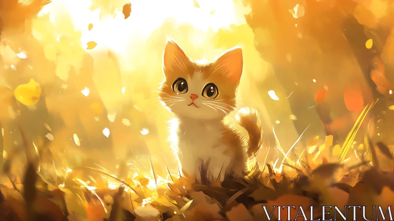 Backlit autumn kitten under volumetric golden foliage glow.