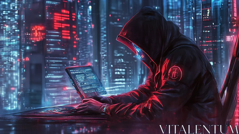 Midnight coder leans into neon code in a glowing cityscape