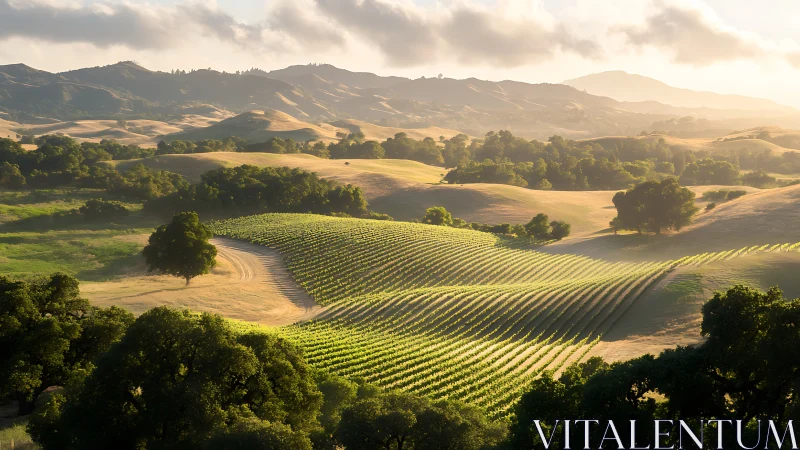 Sunlit vineyard waves rolling through golden country hills.
