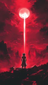 Lone warrior greets a blazing red moon with rising power