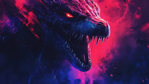 Neon kaiju roar erupting through electric magenta void.