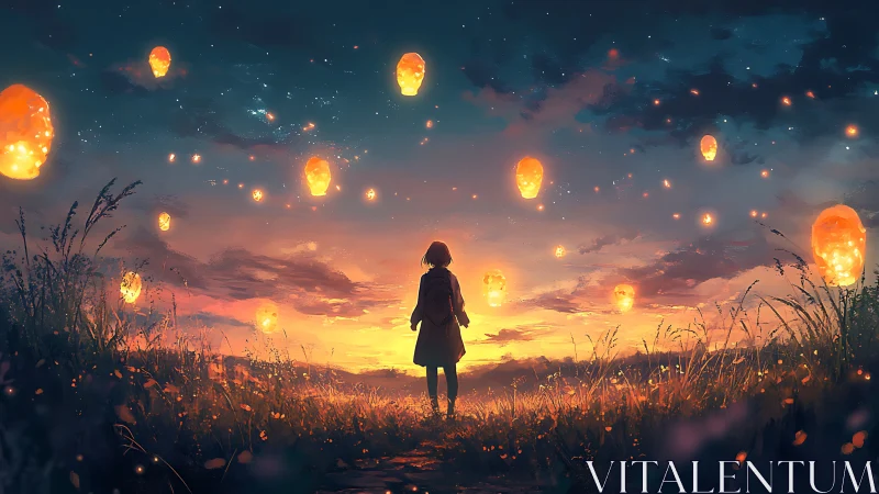Girl watches glowing sky lanterns drift across dusk field