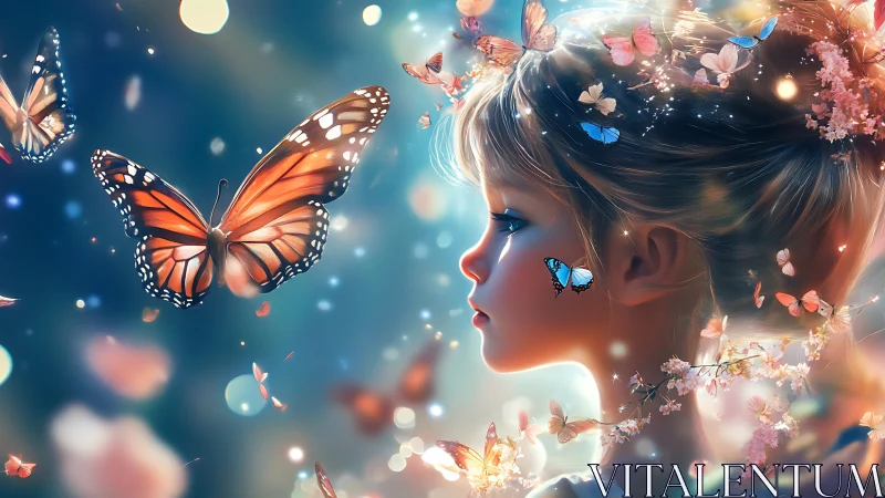 Child watches glowing butterflies in dreamy floral light