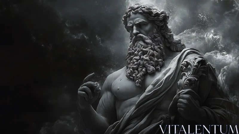 Stone bearded godlike figure stands amid swirling storm clouds