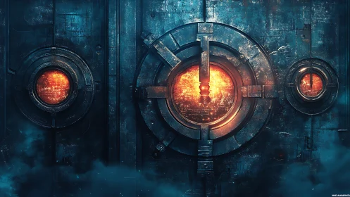 Star-forged portals glowing in a misty industrial wall.