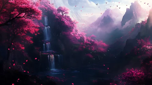 Tiered waterfall in pink forested valley under misty peaks.