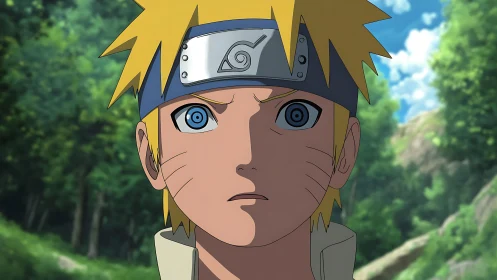 Determined blonde ninja gazes ahead with fierce forest focus