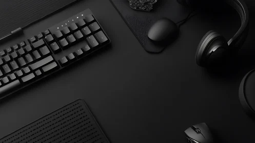 Monochrome mechanical keyboard and headset layout composition.