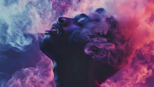 Neon-lit profile emerges through swirling violet smoke.
